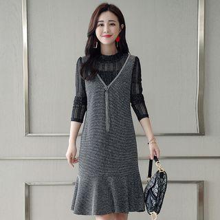Mock Two-piece Long-sleeve Frill Trim Dress