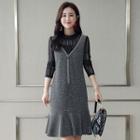 Mock Two-piece Long-sleeve Frill Trim Dress