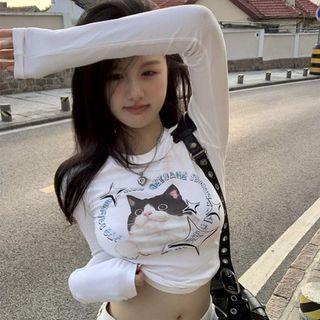 Long-sleeve Cat Print Cropped Top White - One Size