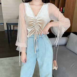 3/4-sleeve Drawstring Paneled Velvet Cropped Top