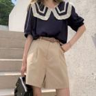 Short-sleeve Lace Collar Top / Wide Leg Dress Shorts