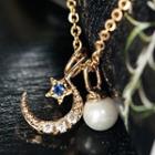Faux Pearl Rhinestone Moon Pendant Necklace