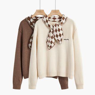 Lettering Embroidered Tie-neck Sweater