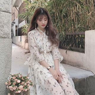 V-neck Flared Floral Chiffon Dress