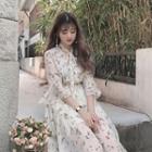 V-neck Flared Floral Chiffon Dress