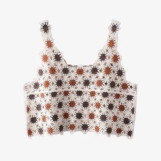 Color Block Flower Crochet Crop Tank Top Almond & Coffee & Brown - One Size