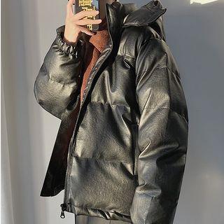 Faux-leather Hooded Zip Padded Jacket