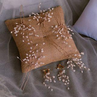 Set: Bridal Beaded Hair Pin + Dangle Earring White - One Size