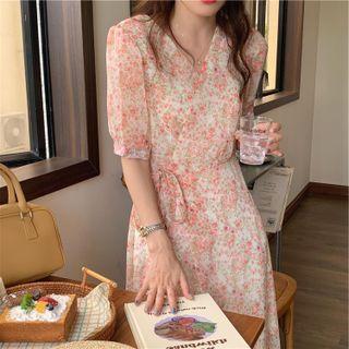 V-neck Floral Lace-up Elbow-sleeve Dress