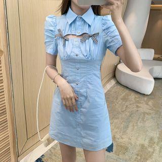 Puff-sleeve Shirred Cutout Shirtdress