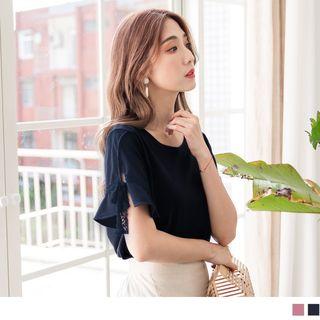 Tie-cuff Short-sleeve Round Neck Top