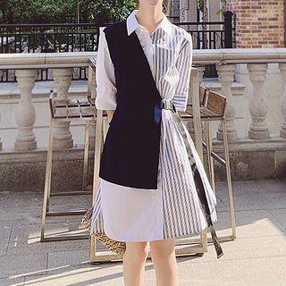 Mock Two-piece Elbow-sleeve Striped Panel Shirt Dress