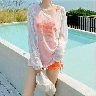 Set: Ruffle Trim Tankini + Lettering Long-sleeve Cover Up