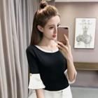 Two-tone Elbow-sleeve Knit Top