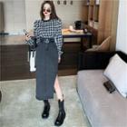 Crewneck Houndstooth Long-sleeve Sweatshirt / High Waist Split Denim Skirt