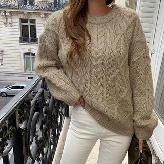 Wool Blend Cable Sweater Beige - One Size
