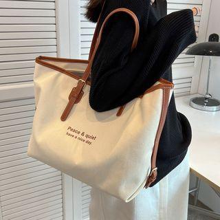 Contrast Trim Lettering Canvas Tote Bag