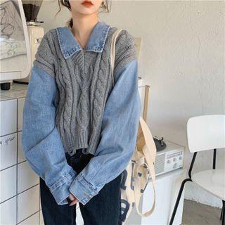 Mock Two Piece Denim Panel Knit Top