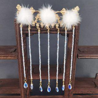 Retro Beaded Fluffy Pom Pom Hair Stick N24 - White Pom Pom - Black - One Size