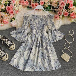 Bell Sleeve Off Shoulder Print Mini Dress