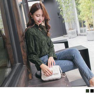 Frill-trim Stand Collar Long Sleeve Top