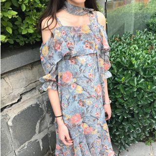 Floral Print Off Shoulder Elbow Sleeve Chiffon Midi Dress