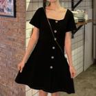 Short-sleeve Square Neck Buttoned A-line Mini Dress