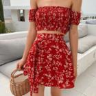 Set: Floral Print Off-shoulder Slim-fit Crop Top + Skirt - 2 Colors