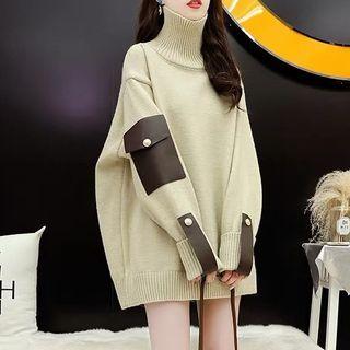 Turtleneck Faux Leather Panel Sweater