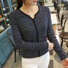 Notched-neck Pocket-front Stripe Top