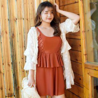 Set: Ruffle Trim Swim Dress + Bottom + Cover Up