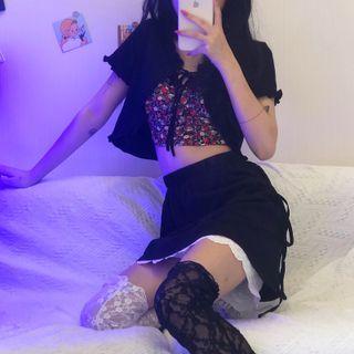Short-sleeve Tied Top / Floral Print Camisole Top / Mini Skirt