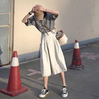 Set: 3/4-sleeve Striped T-shirt + Wide-leg Pants