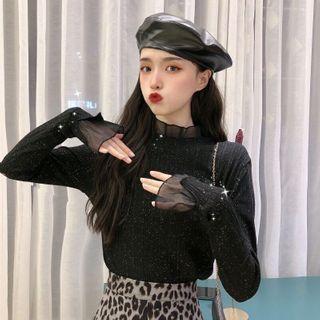 Mesh Trim Long-sleeve Glitter Top