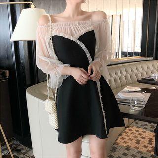 Mesh Panel Off-shoulder 3/4-sleeve A-line Dress
