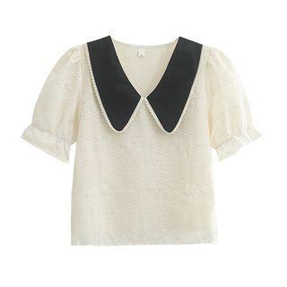 Short-sleeve Contrast Collar Lace Blouse Almond - One Size