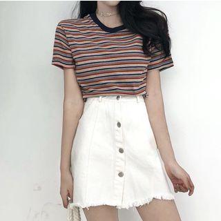 Striped Short-sleeve T-shirt / Frayed Hem Denim Skirt