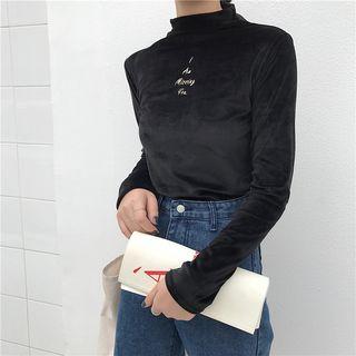 Letter Embroidered Mock-neck Long-sleeve T-shirt