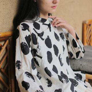 Long-sleeve  Frog-buttoned Dotted Top Black Dot - White - One Size