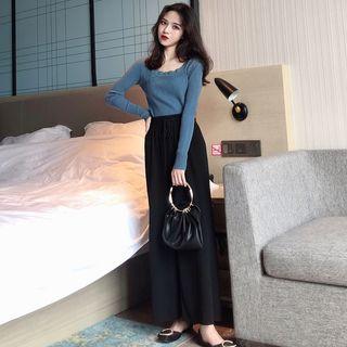 Plain Long-sleeve Knit Top / Tie-waist Wide-leg Pants