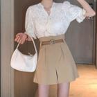 Set: Short Sleeve V-neck Eyelet Lace Top + High Waist A-line Shorts