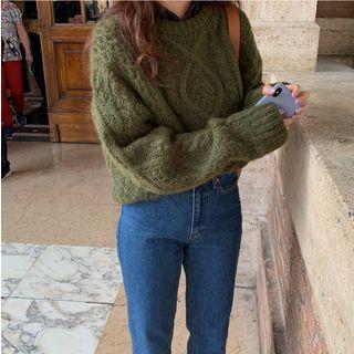 Crew-neck Cable Knit Sweater Green - One Size