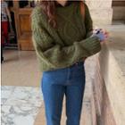 Crew-neck Cable Knit Sweater Green - One Size