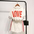 Set: Lettering Short Sleeve T-shirt + Drawstring Contrast Trim Shorts