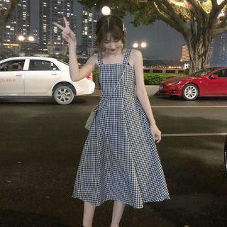 Wide Strap Gingham Midi A-line Dress Gingham - Black & White - One Size