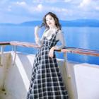 Set: Bow Accent Long-sleeve Blouse + Plaid Sleeveless Maxi A-line Dress