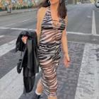 Halter Zebra Print Midi Bodycon Dress