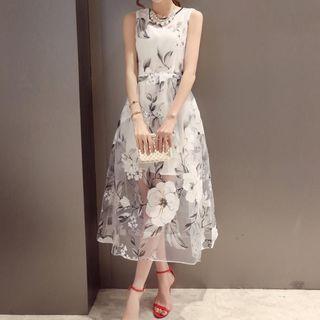 Sleeveless Floral Print Organza Midi Dress