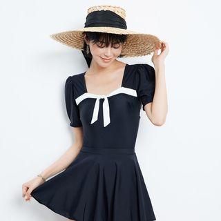 Set: Puff-sleeve Bow Accent Swimsuit + Swim Skirt