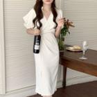 Short Sleeve Collar Cold Shoulder Knotted Slit Sheath Dress